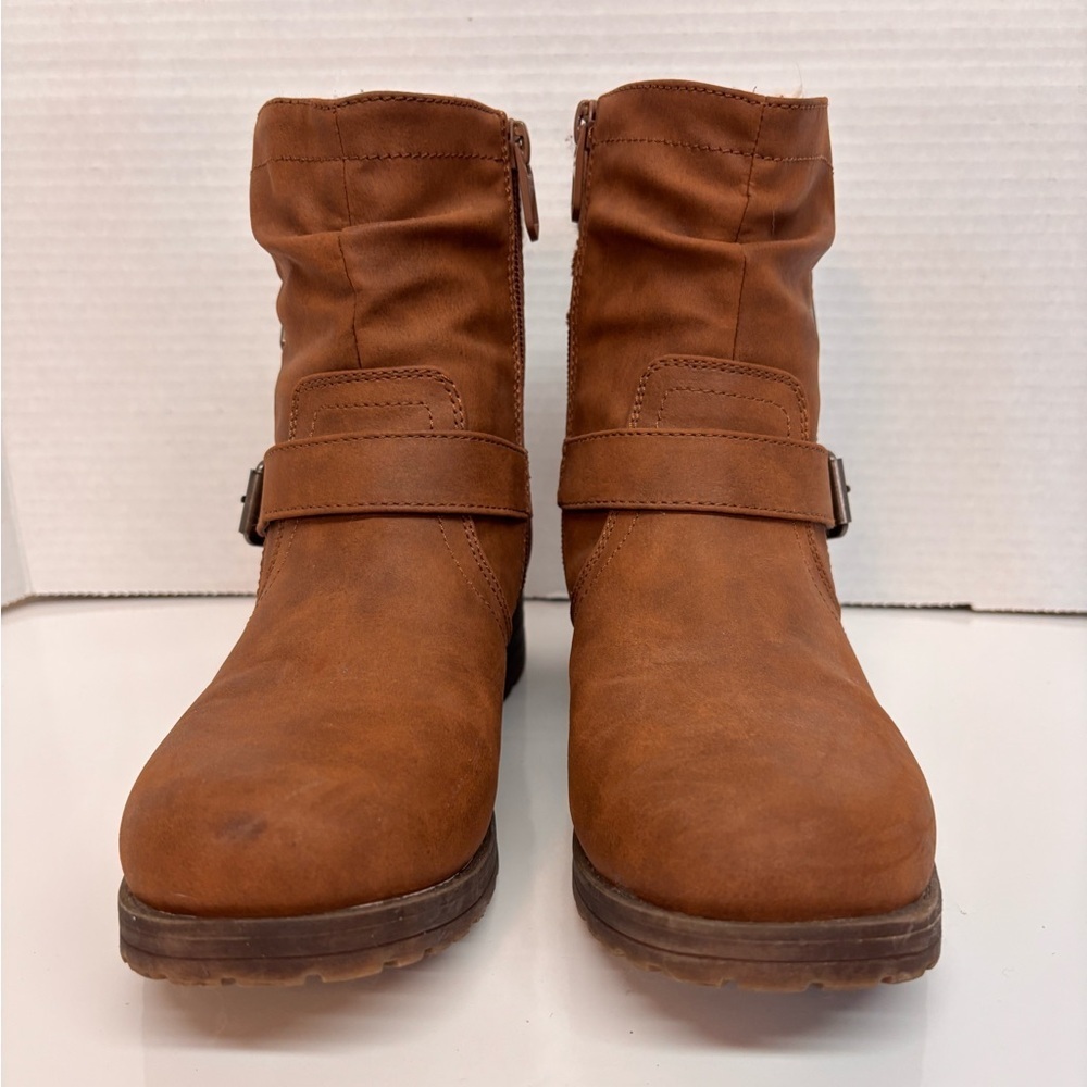 Yellow Brown Knit Cuff Buckle Combat Ankle Boots - Picture 4 of 10
